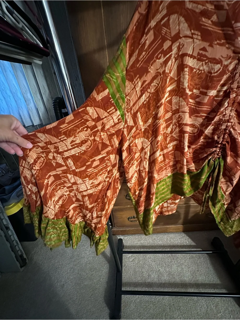Kantha Bae Drawstring Ruched V-Neck Women's Top in Rust and Olive - Picture 2 of 4